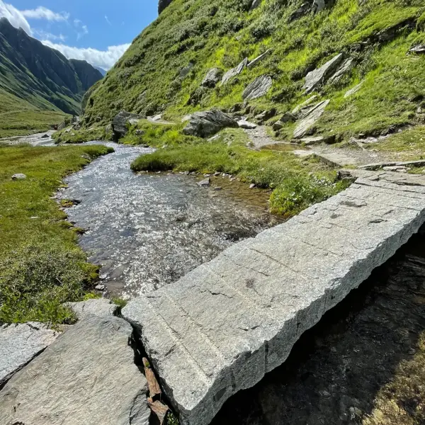 Steiniger Wanderweg an einem Gebirgsbach zwischen grünen Berghängen